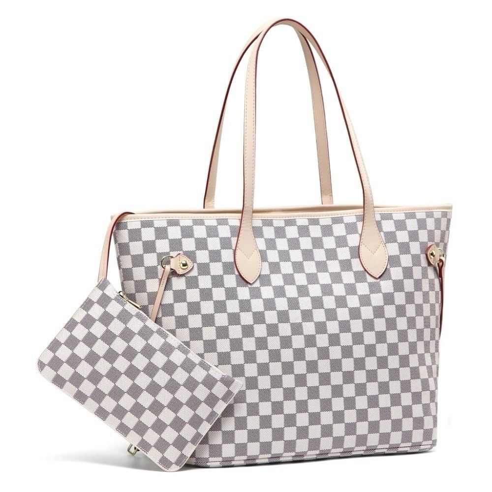 NWT Daisy Rose Tote Shoulder Bag w/ Inner Removable Pouch- Gray/Cream Checkered